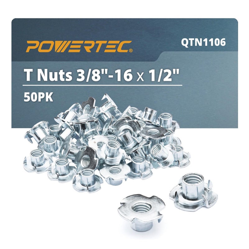 POWERTEC 3/8-16 T Nuts, 50 Pcs | 4 Pronged Tee Nuts for Bolts and Stem Caster Wheels, Threaded Inserts for Wood Working, Rock Climbing Holds and Furniture, for Use with Hammer | 1/2" Length (QTN1106) - Image 1